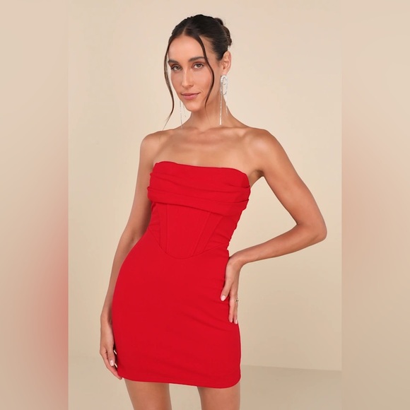 Lulus Dresses & Skirts - Lulu's Dramatic Intent Red Strapless Corset‎ Bodycon Mini Dress nwot